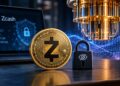 Moneda de Zcash con candado frente a laptop y computadora cuántica, representando seguridad y privacidad.