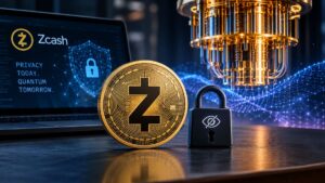 Moneda de Zcash con candado frente a laptop y computadora cuántica, representando seguridad y privacidad.