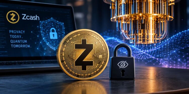 Moneda de Zcash con candado frente a laptop y computadora cuántica, representando seguridad y privacidad.